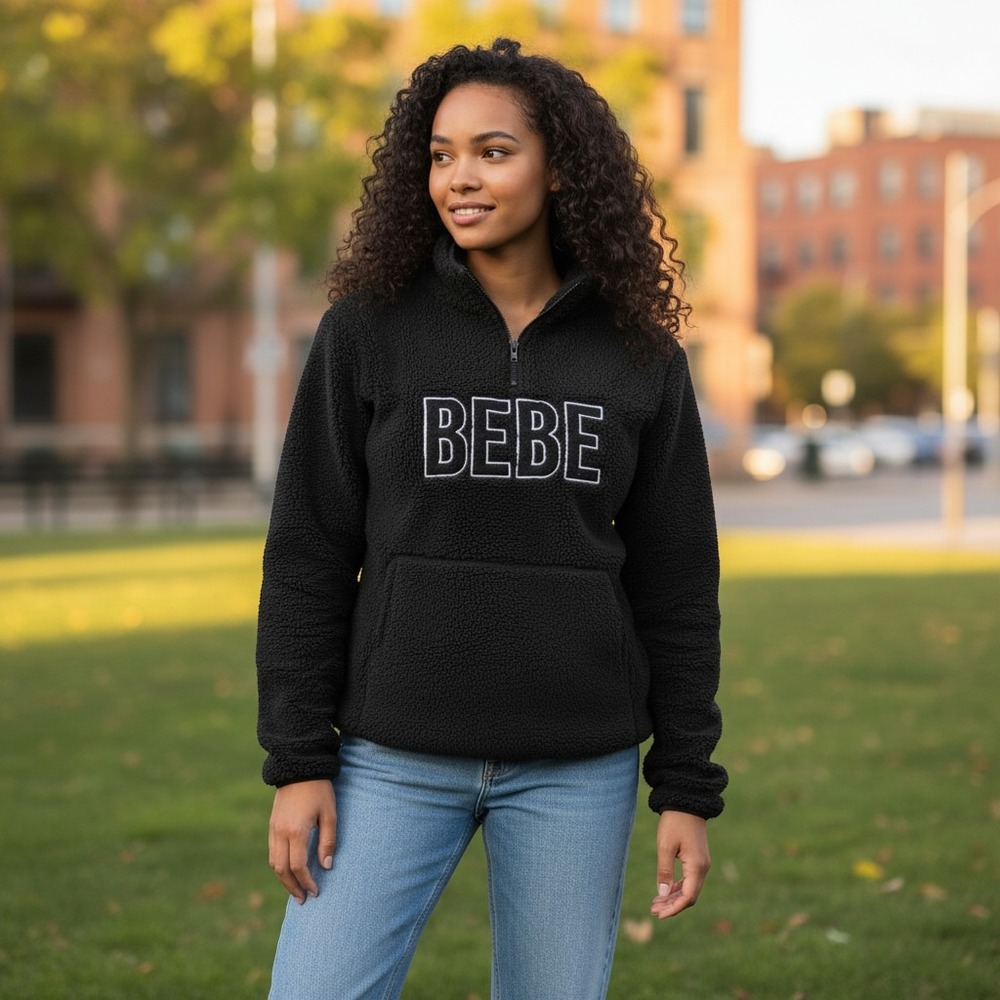 Bebe Black Faux Shearling Quarter Zip Logo Embroidered Sweater Womens Sz M Boho